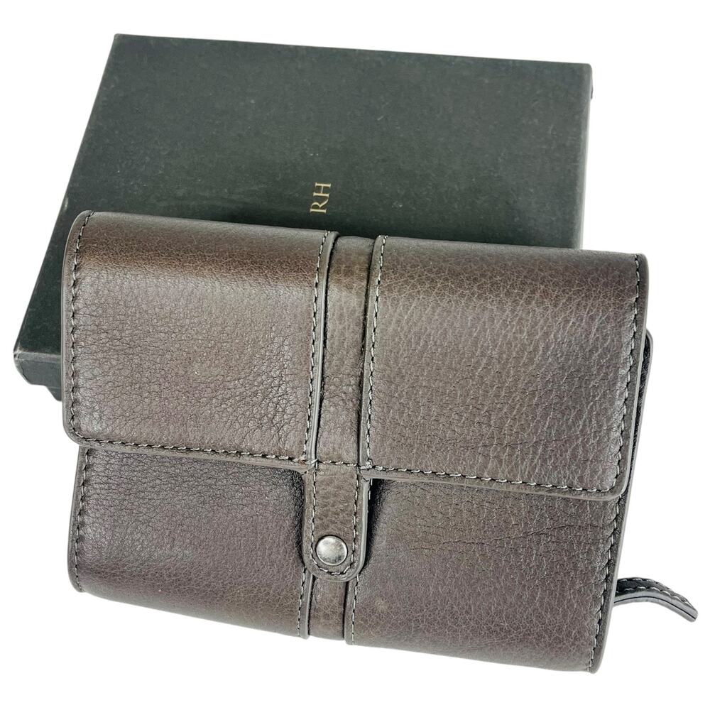 NEW Italian Leather Tri Fold WALLET Pen Holder Cord Keeper Gray Brown RH In Box
